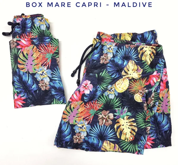 Costume da Bagno Hawaiano morbido tessuto slip interno  asciugatura rapida Boxer mare uomo fantasia Maldive con 2 tasche laterali Made in Italy