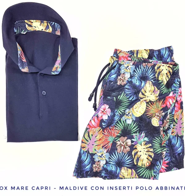 Costume da Bagno Hawaiano morbido tessuto slip interno  asciugatura rapida Boxer mare uomo fantasia Maldive con 2 tasche laterali Made in Italy