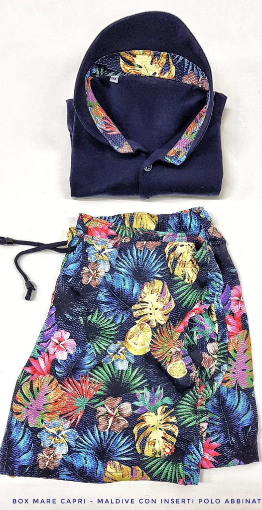 Costume da Bagno Hawaiano morbido tessuto slip interno  asciugatura rapida Boxer mare uomo fantasia Maldive con 2 tasche laterali Made in Italy