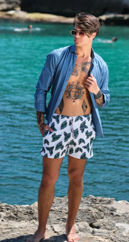 Costume da Bagno in cotone Tropical abbinato a Camicia Jeans con inserti BOX Made in Italy