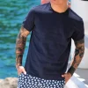 Costume da Bagno in Lino foliage abbinato a Tshirt in lino blu con inserti Box Mare slip interno Made in Italy