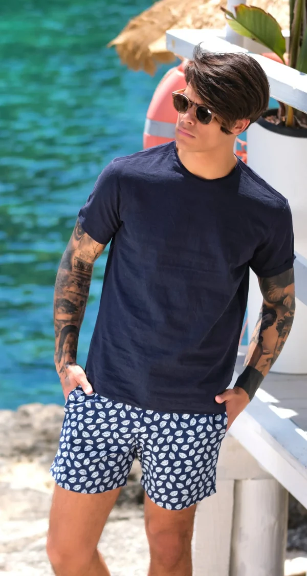 Costume da Bagno in Lino foliage abbinato a Tshirt in lino blu con inserti Box Mare slip interno Made in Italy