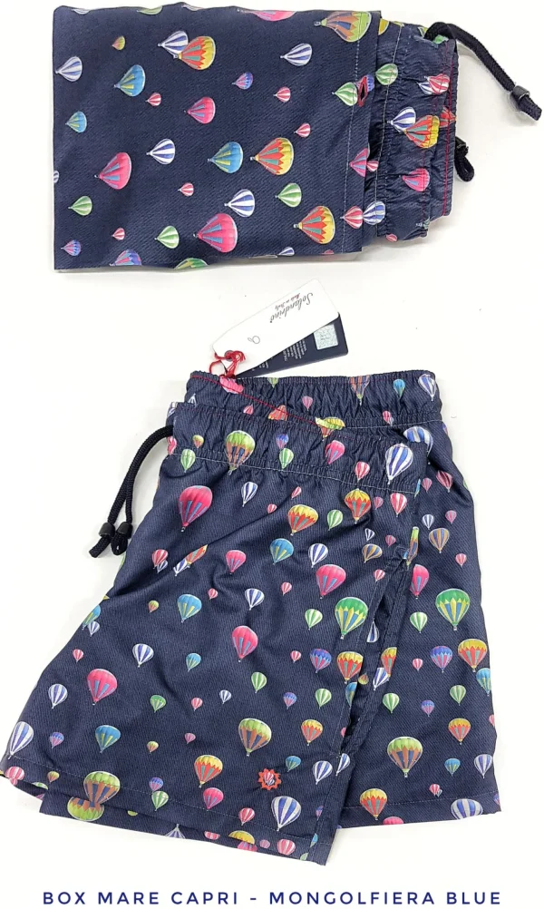 Costume da Bagno in morbido tessuto slip interno  asciugatura rapida Boxer mare Uomo fantasia Mongolfiera blu con 2 tasche laterali Made in Italy