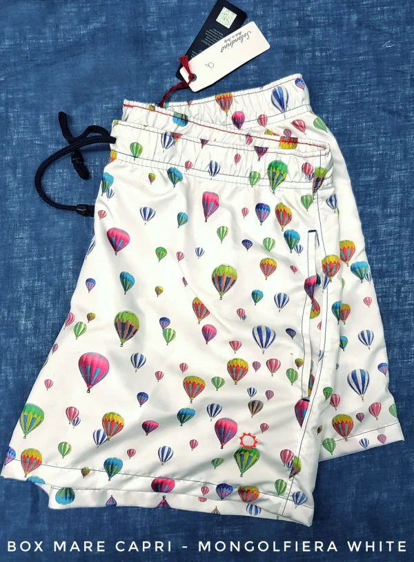 Costume da Bagno  in morbido tessuto slip interno  asciugatura rapida Boxer mare Uomo fantasia Mongolfiera Bianca con 2 tasche laterali Made in Italy