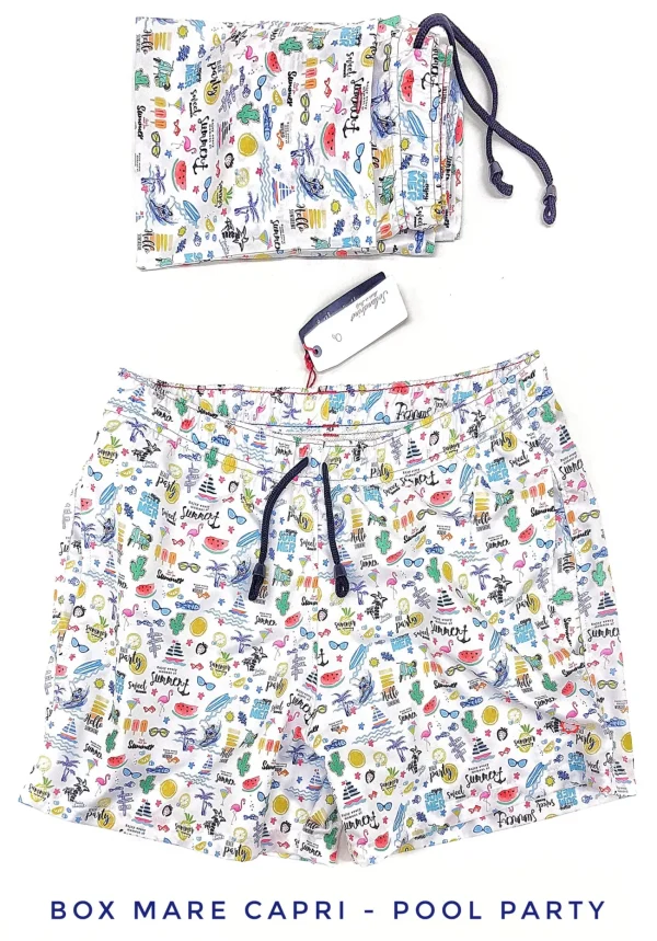 Costume da Bagno in morbido tessuto slip interno  asciugatura rapida Boxer mare Uomo fantasia Pool Party 2 tasche laterali Made in Italy
