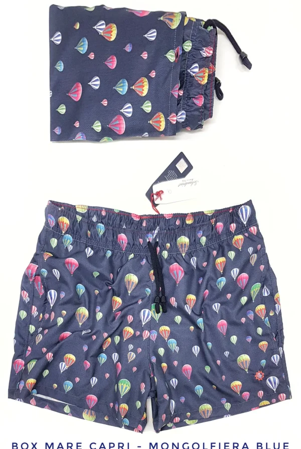 Costume da Bagno in morbido tessuto slip interno  asciugatura rapida Boxer mare Uomo fantasia Mongolfiera blu con 2 tasche laterali Made in Italy