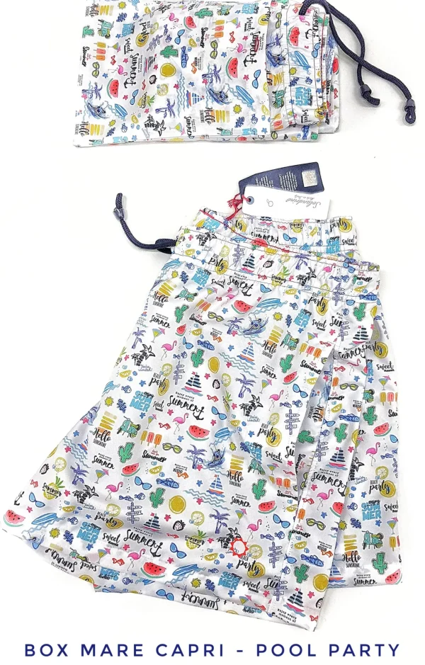 Costume da Bagno in morbido tessuto slip interno  asciugatura rapida Boxer mare Uomo fantasia Pool Party 2 tasche laterali Made in Italy