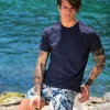 Costume da Bagno in soffice Viscosa Hawaii blu abbinato a Tshirt IN LINO blu con inserti Box Mare slip interno Made in Italy