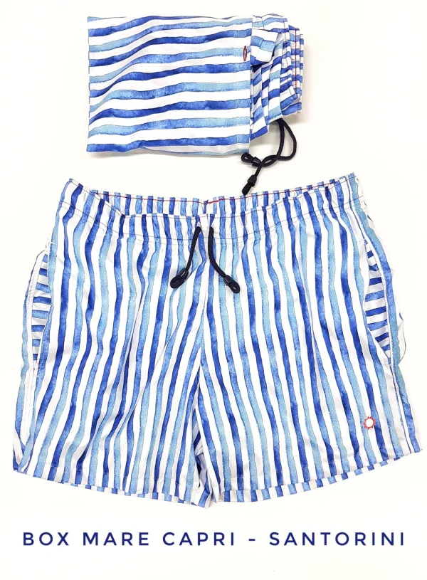 Costume da Bagno morbido tessuto slip interno  asciugatura rapida Boxer mare uomo fantasia Santorini con 2 tasche laterali Made in Italy