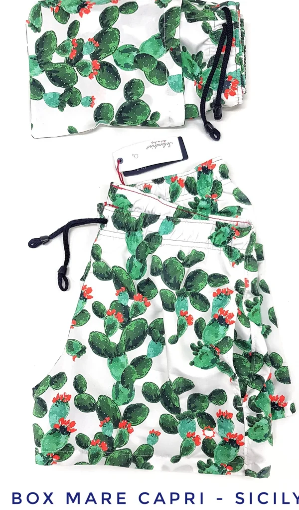 Costume da Bagno morbido tessuto slip interno  asciugatura rapida Boxer mare uomo fantasia Fico d'india Sicily Uomo con 2 tasche laterali Made in Italy