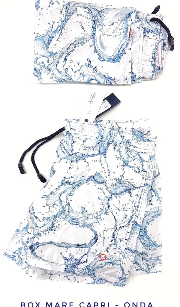 Costume da Bagno morbido tessuto slip interno  asciugatura rapida Boxer mare fantasia onda Uomo con 2 tasche laterali Made in Italy