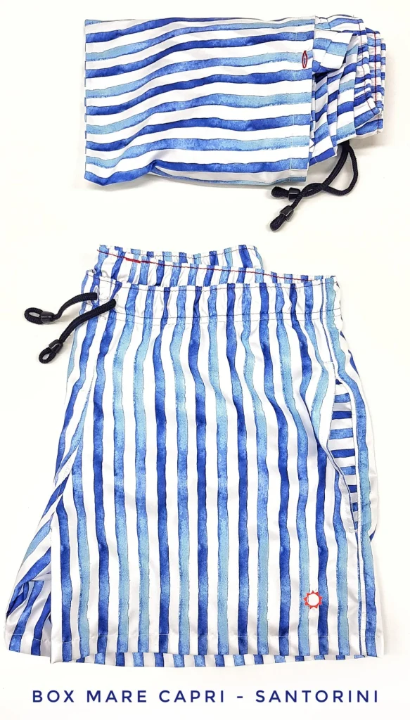 Costume da Bagno morbido tessuto slip interno  asciugatura rapida Boxer mare uomo fantasia Santorini con 2 tasche laterali Made in Italy