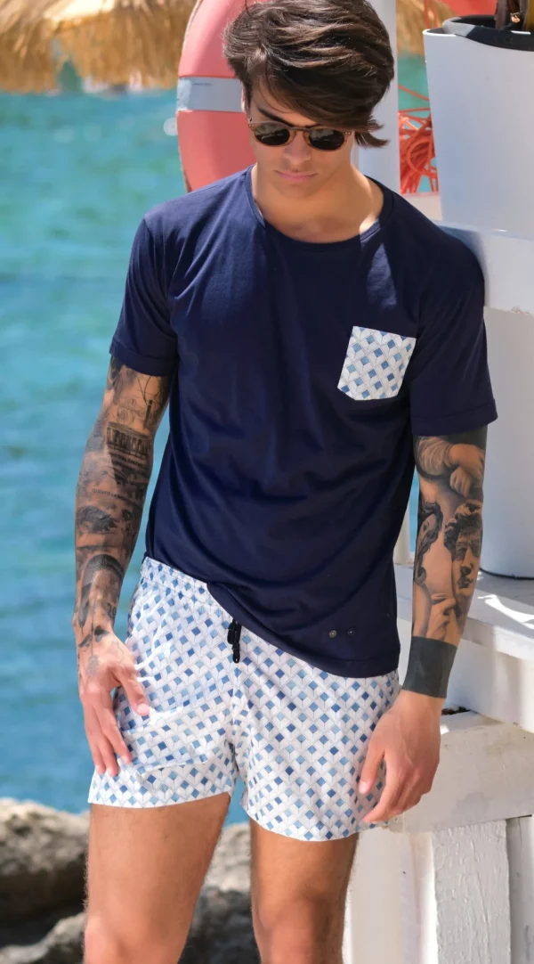 Costume da Bagno Naxos in cotone abbinato a Tshirt blu con inserti Box Mare slip interno Made in Italy