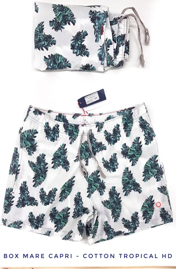 Costume da Bagno slip interno in cotone 100% Boxer mare Uomo Fantasia Tropical Verde Bianco 2 tasche laterali  Made in Italy