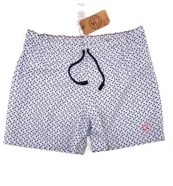 Costume da Bagno slip interno in 100% cotone micro fantasia blu geometrica   2 tasche laterali Uomo Boxer mare Made in Italy