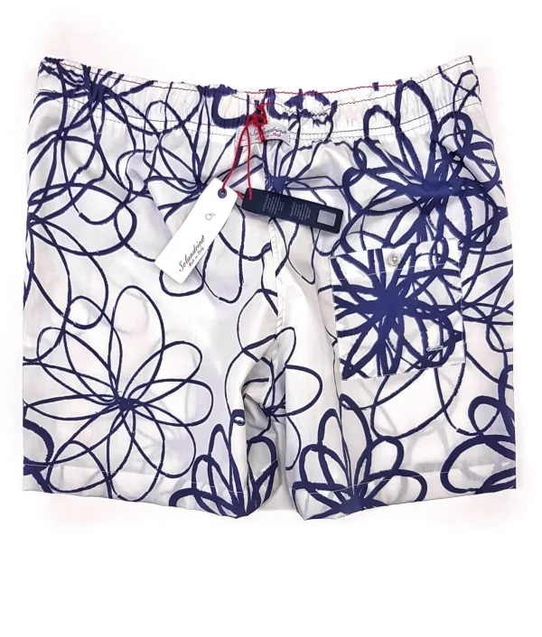 Costume da Bagno slip interno  in 100% cotone fantasia blu bianco floreale 2 tasche laterali Uomo Boxer mare Made in Italy