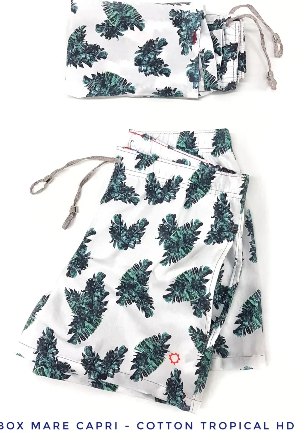 Costume da Bagno slip interno in cotone 100% Boxer mare Uomo Fantasia Tropical Verde Bianco 2 tasche laterali  Made in Italy