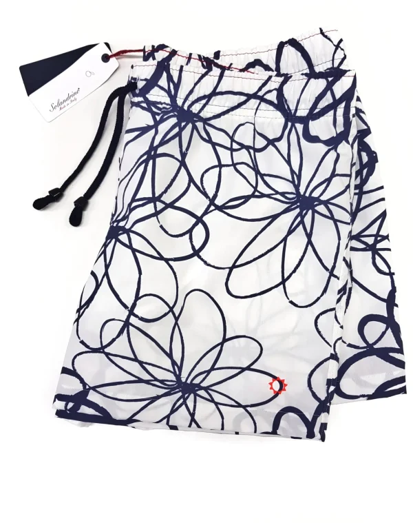 Costume da Bagno slip interno  in 100% cotone fantasia blu bianco floreale 2 tasche laterali Uomo Boxer mare Made in Italy