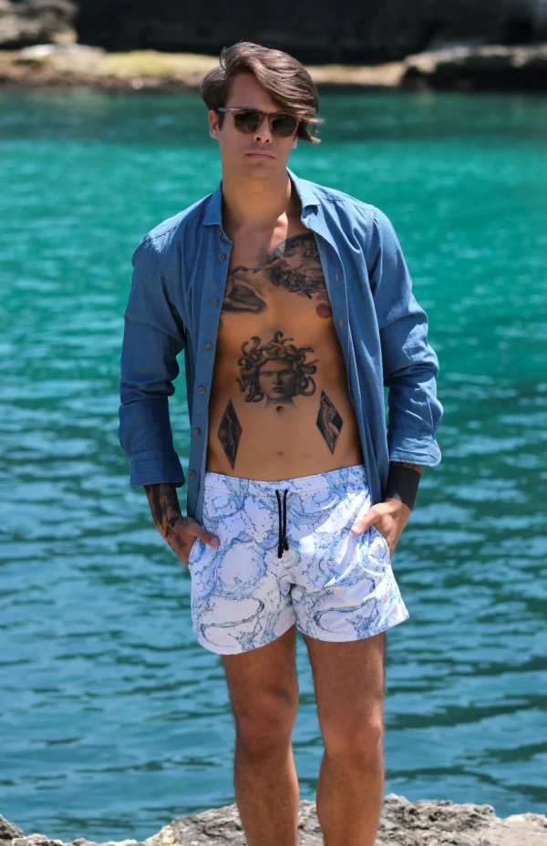 Costume da Bagno Surf Blue  abbinato a Camicia Jeans con inserti BOX Made in Italy