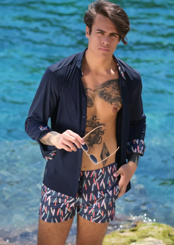 Costume da Bagno Surf Blue  abbinato a Camicia Blu con inserti BOX  interno Made in Italy