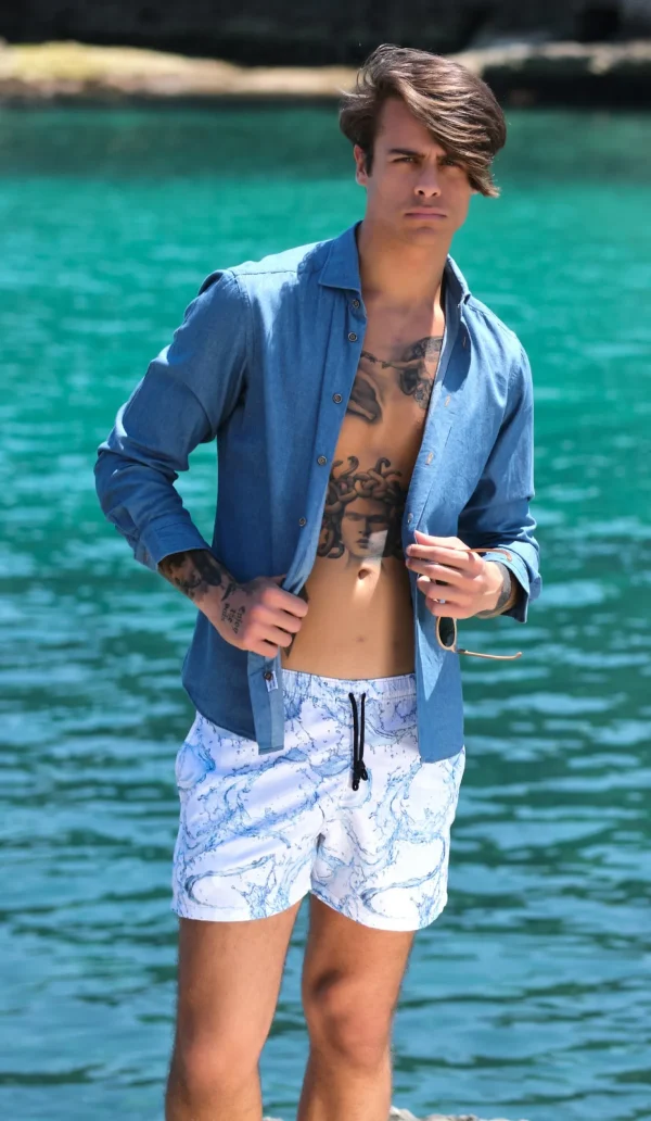 Costume da Bagno Surf Blue  abbinato a Camicia Jeans con inserti BOX Made in Italy