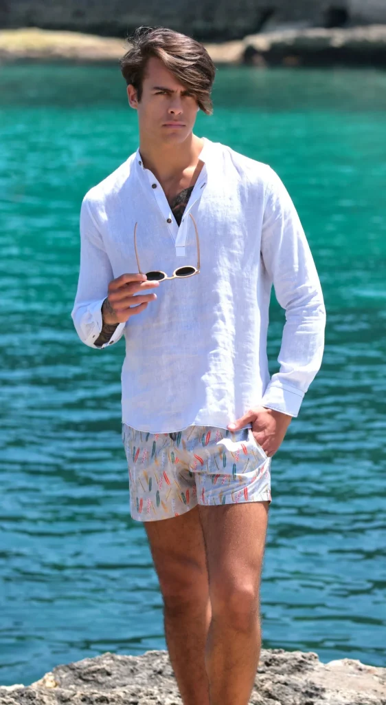 Costume da Bagno Surf Sabbia abbinato a Camicia Polo Lino Bianco con inserti Box Mare slip interno Made in Italy