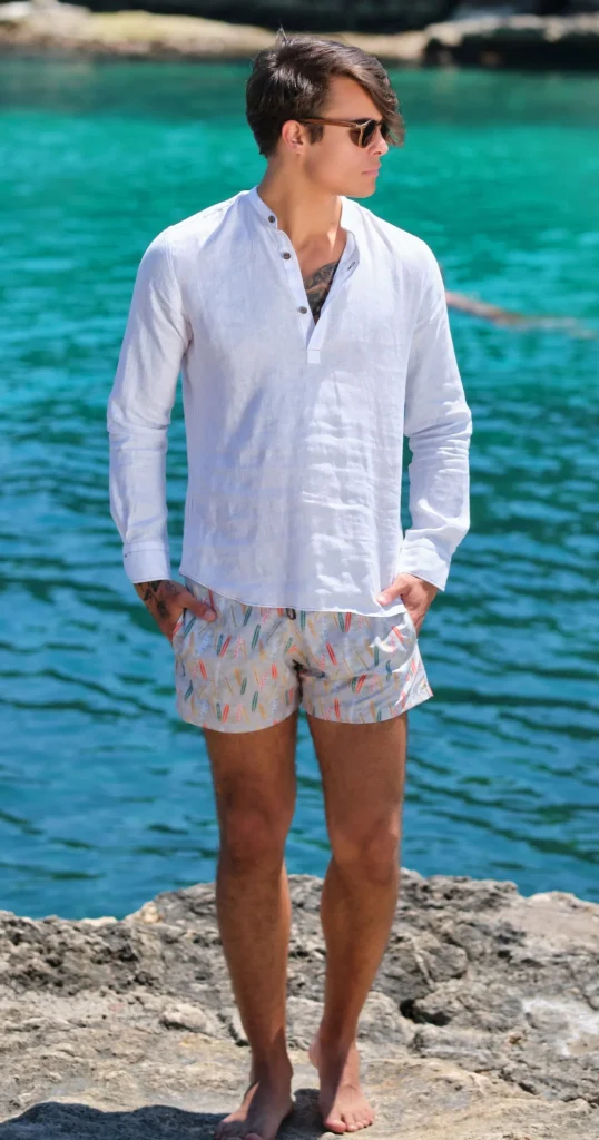 Costume da Bagno Surf Sabbia abbinato a Camicia Polo Lino Bianco con inserti Box Mare slip interno Made in Italy