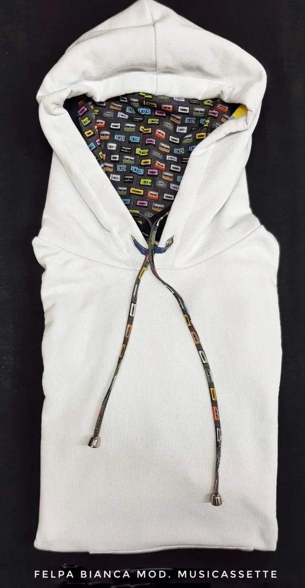 Felpa Bianca con Cappuccio Design musicassette made in Italy Fantasia  100% cotone - Sweatshirt hoodie