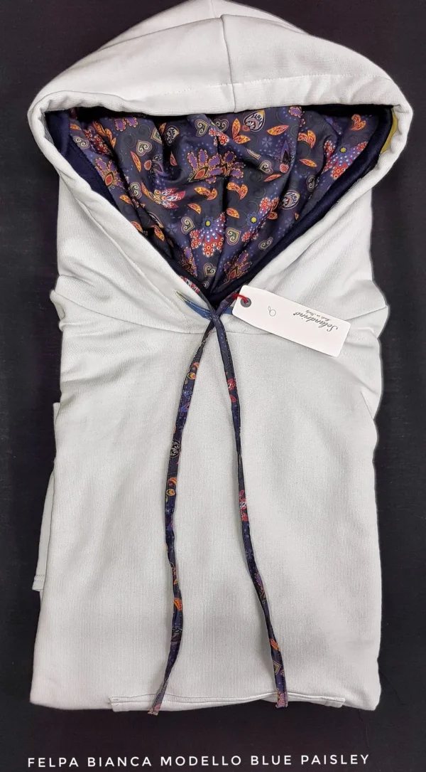 Felpa Bianca con Cappuccio Design paisley blu  made in Italy Fantasia  100% cotone - Sweatshirt hoodie