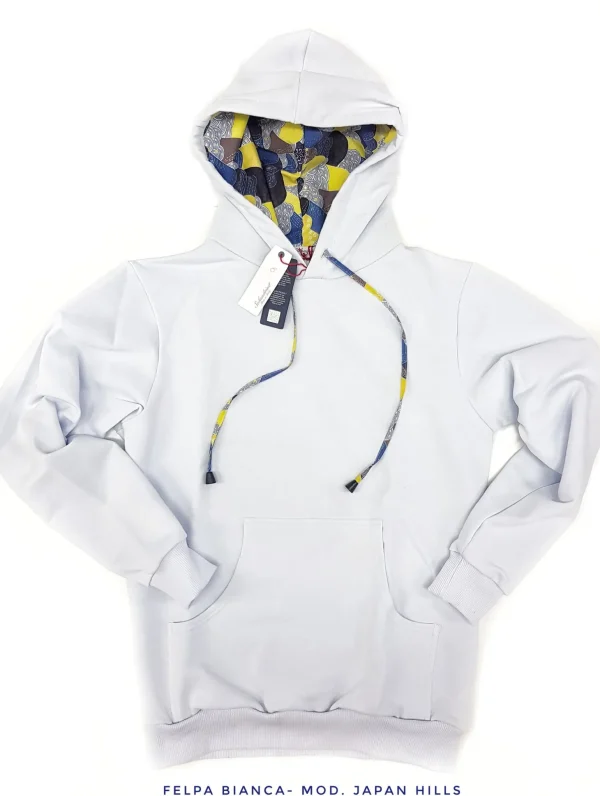 Felpa Bianca con Cappuccio Design Japan hills made in Italy Fantasia  100% cotone - Sweatshirt hoodie