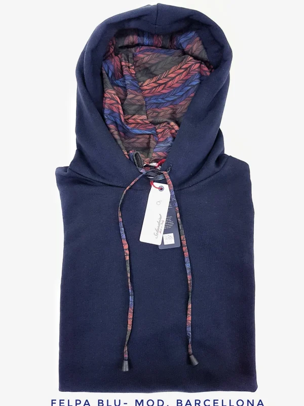 Felpa Blu con Cappuccio Design Barcellona made in Italy Fantasia 100% cotone -  Unisex Sweatshirt Blue Hoodie