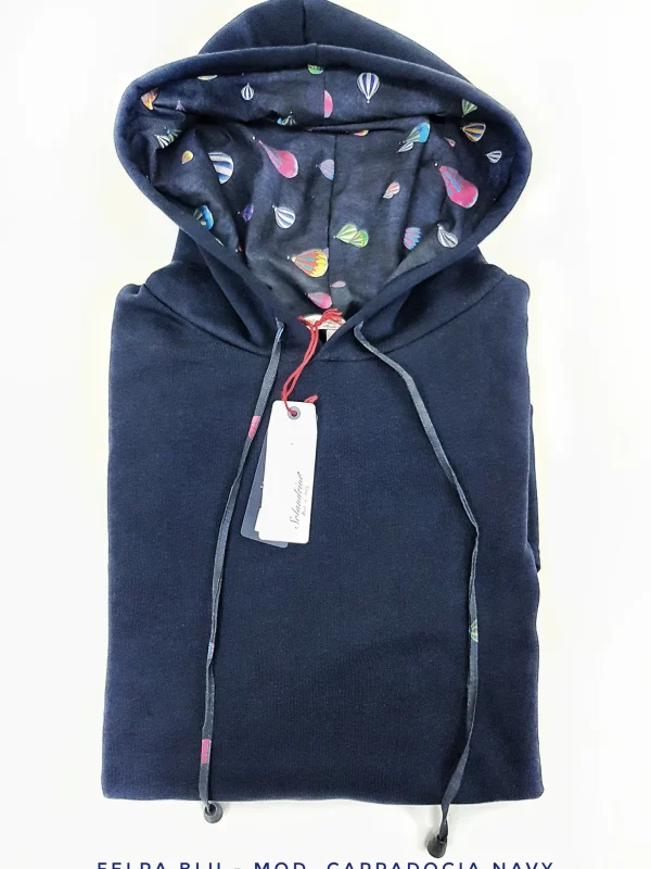Felpa BLU con Cappuccio design MONGOLFIERA CAPPADOCIA paracadute made in Italy Fantasia 100% cotone  Unisex Sweatshirt blue Hoodie