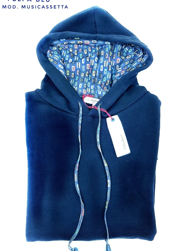 Felpa BLU con Cappuccio Design MUSICASSETTA 80'S  made in Italy Fantasia  100% cotone -UNISEX Sweatshirt hoodie