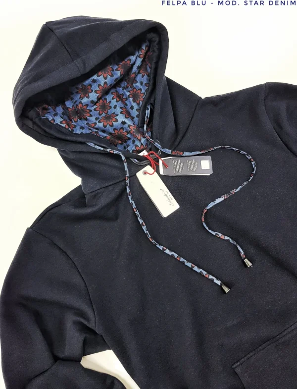 Felpa Blu con Cappuccio Design star denim made in Italy Fantasia  100% cotone -  UNISEX Sweatshirt Blue hoodie