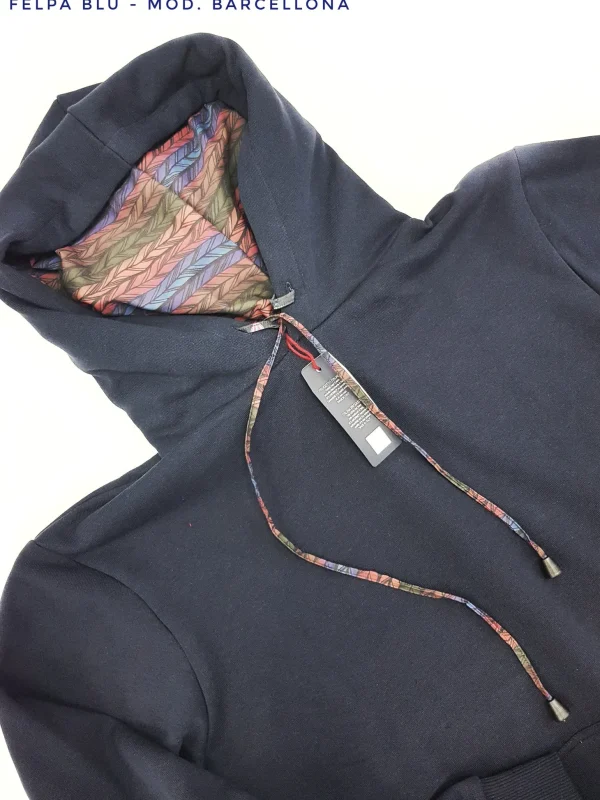 Felpa Blu con Cappuccio Design Barcellona made in Italy Fantasia 100% cotone -  Unisex Sweatshirt Blue Hoodie
