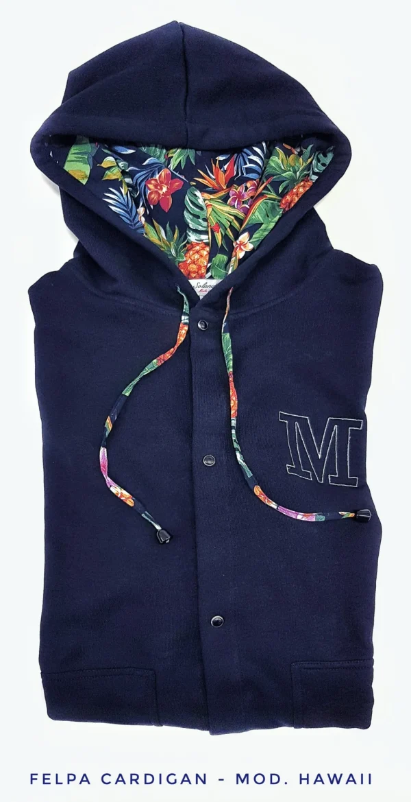 Felpa cardigan BLU con Cappuccio interno tessuto hawaii made in Italy Fantasia 100% cotone  Unisex Sweatshirt blue Hoodie