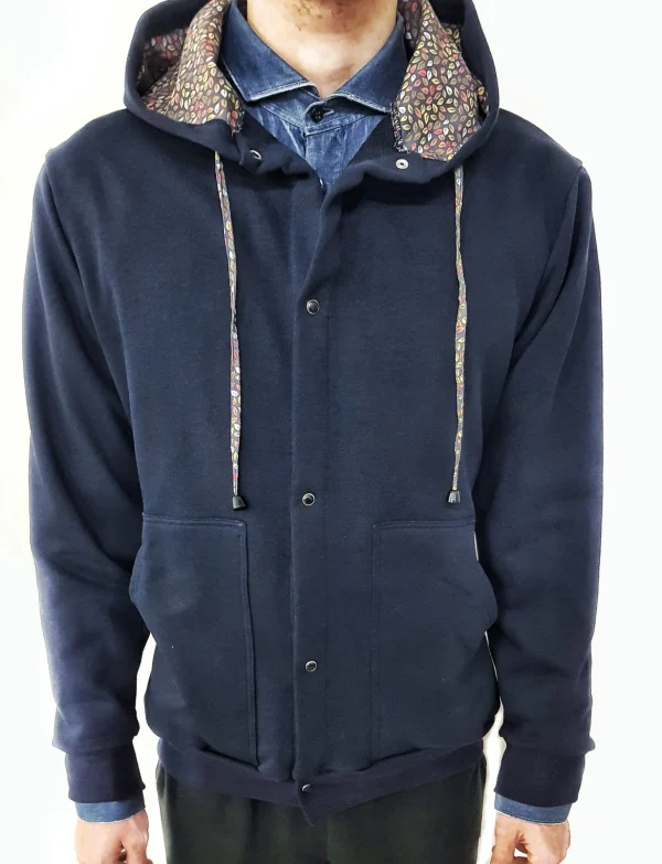 Felpa cardigan BLU con Cappuccio design micro fantasia foliage made in Italy Fantasia 100% cotone  Unisex Sweatshirt blue Hoodie