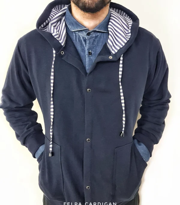Felpa cardigan BLU con Cappuccio tessuto rigato bianco blu made in Italy Fantasia 100% cotone  Unisex Sweatshirt blue Hoodie