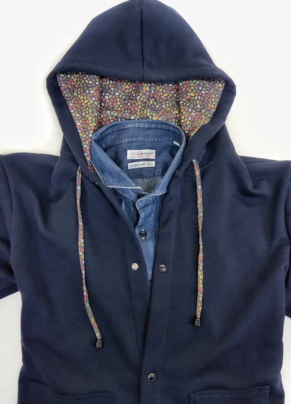 Felpa cardigan BLU con Cappuccio design micro fantasia foliage made in Italy Fantasia 100% cotone  Unisex Sweatshirt blue Hoodie