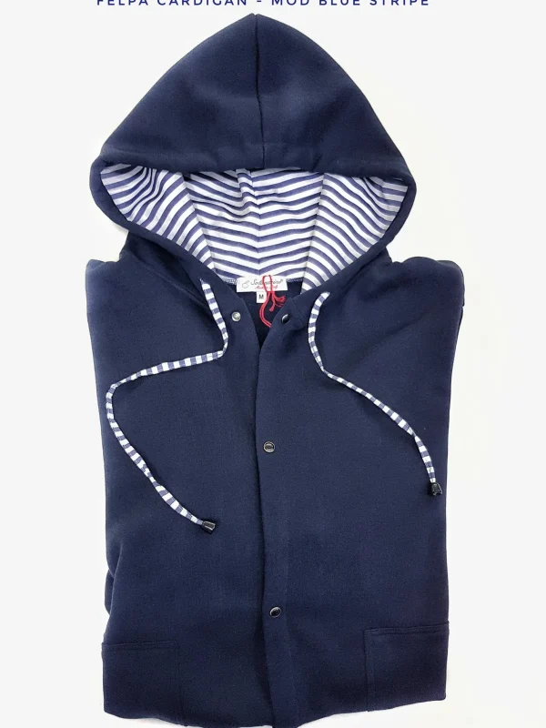 Felpa cardigan BLU con Cappuccio tessuto rigato bianco blu made in Italy Fantasia 100% cotone  Unisex Sweatshirt blue Hoodie