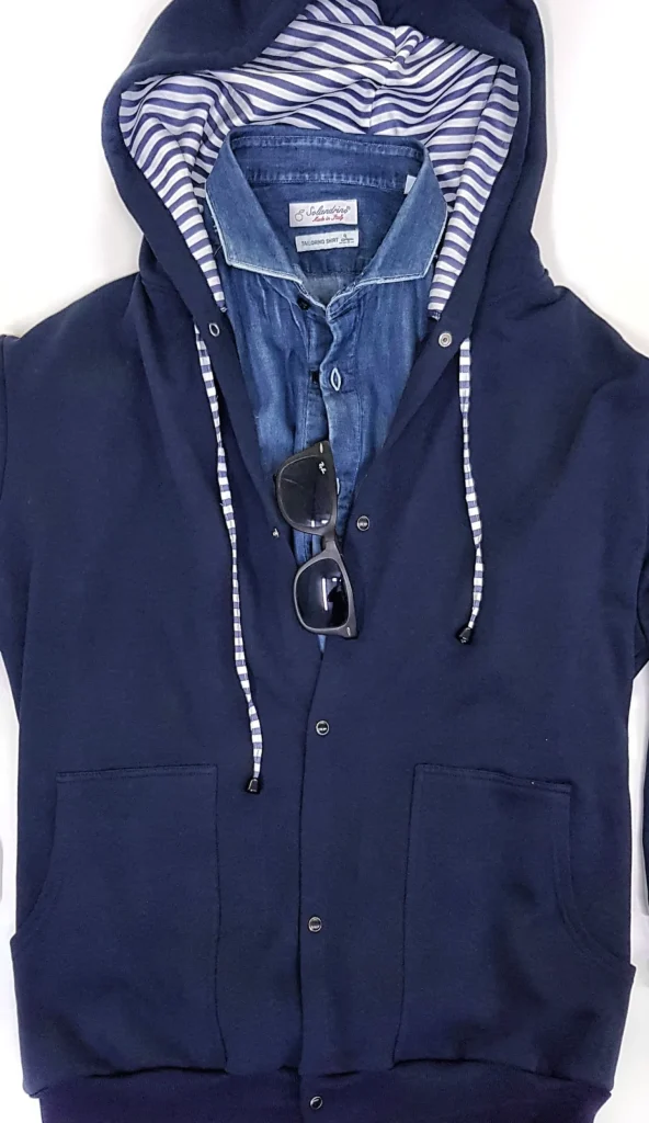 Felpa cardigan BLU con Cappuccio tessuto rigato bianco blu made in Italy Fantasia 100% cotone  Unisex Sweatshirt blue Hoodie