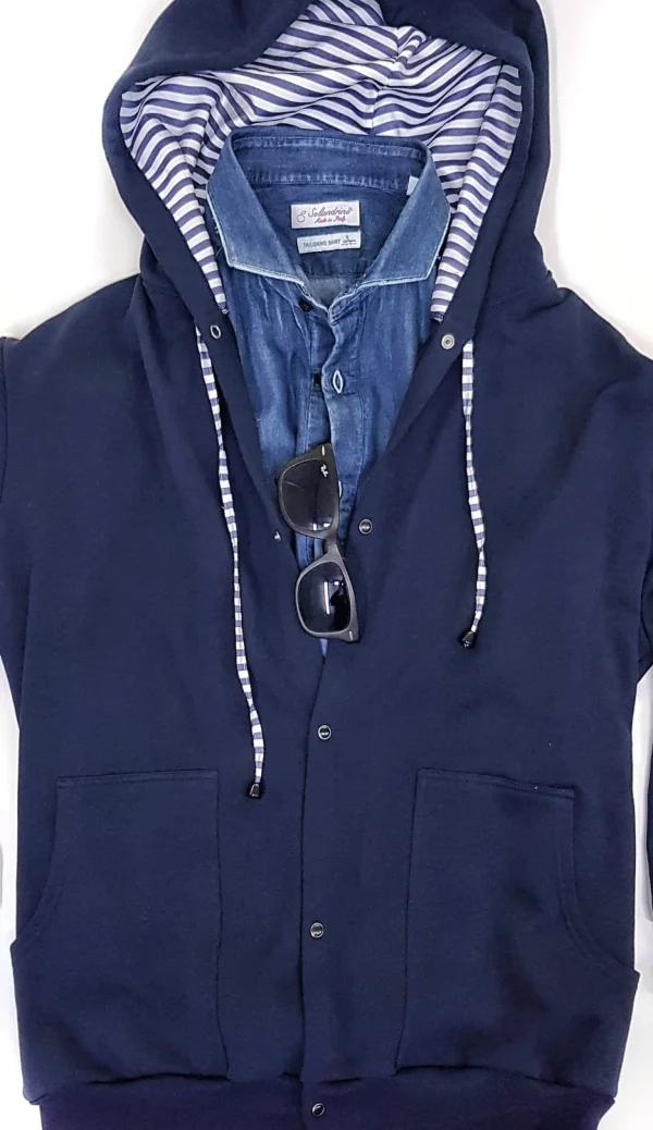 Felpa cardigan BLU con Cappuccio tessuto rigato bianco blu made in Italy Fantasia 100% cotone  Unisex Sweatshirt blue Hoodie