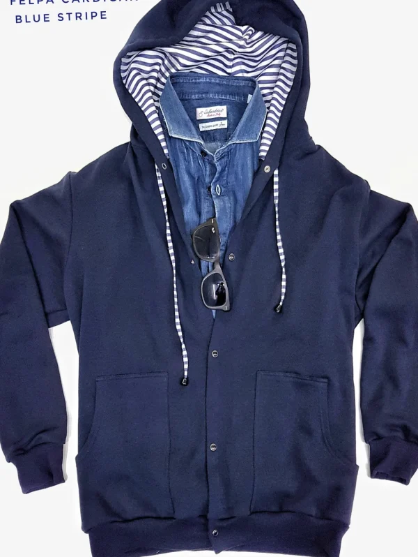 Felpa cardigan BLU con Cappuccio tessuto rigato bianco blu made in Italy Fantasia 100% cotone  Unisex Sweatshirt blue Hoodie