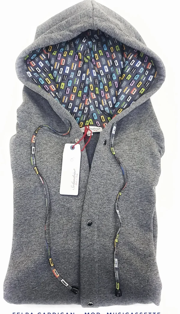 Felpa cardigan Donna Unisex grigia con Cappuccio design musicassette puro cotone made in Italy Fantasia 100% cotone Unisex Sweatshirt blue Hoodie