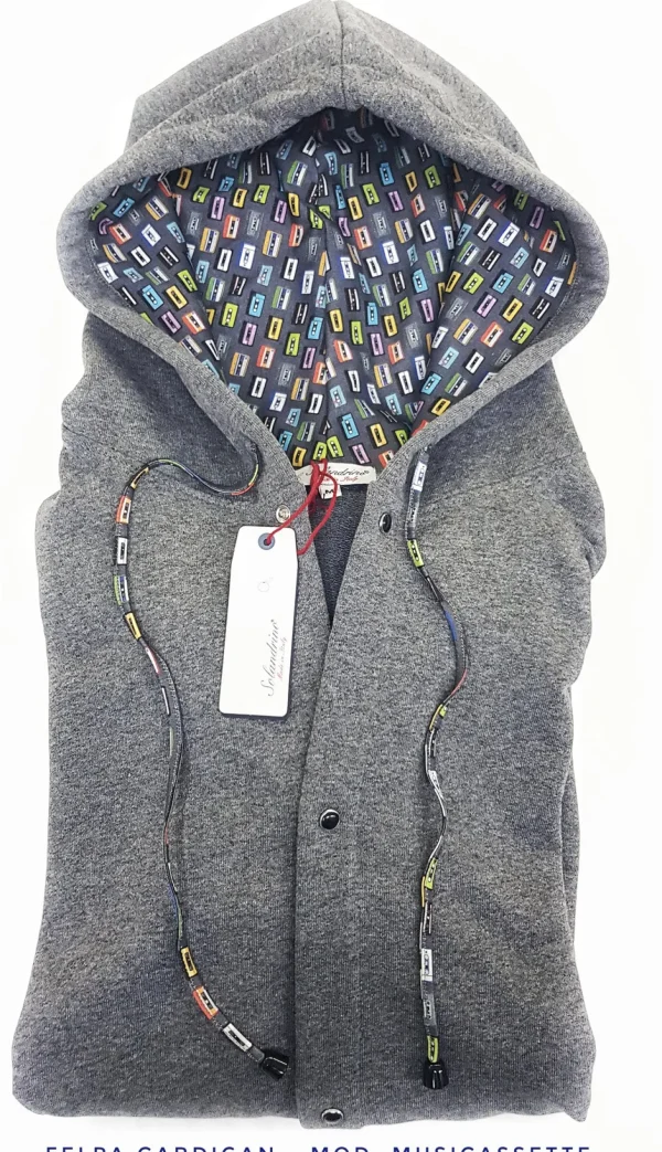 Felpa cardigan grigia con Cappuccio design musicassette puro cotone made in Italy Fantasia 100% cotone Unisex Sweatshirt blue Hoodie