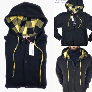 Felpa cardigan nera con Cappuccio check a quadri giallo nero puro cotone made in Italy Fantasia 100% cotone Unisex Sweatshirt blue Hoodie