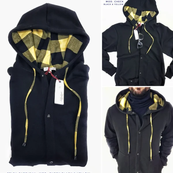 Felpa cardigan nera con Cappuccio check a quadri giallo nero puro cotone made in Italy Fantasia 100% cotone Unisex Sweatshirt blue Hoodie