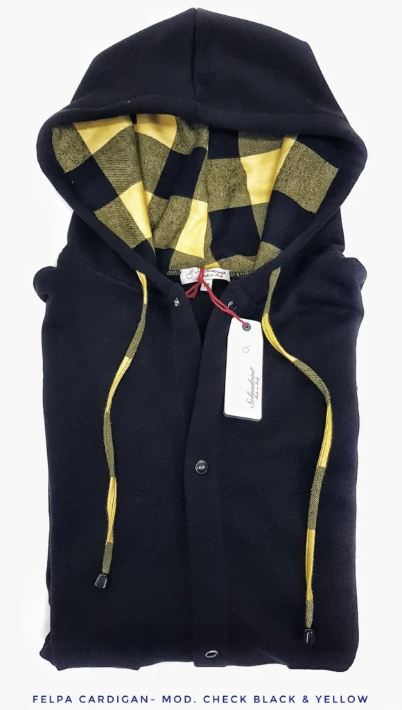 Felpa cardigan nera con Cappuccio check a quadri giallo nero puro cotone made in Italy Fantasia 100% cotone Unisex Sweatshirt blue Hoodie