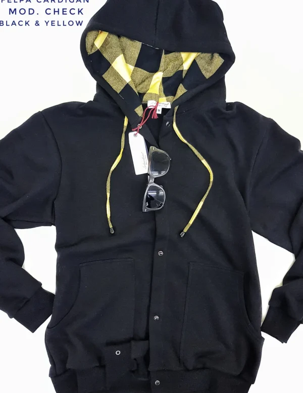 Felpa cardigan nera con Cappuccio check a quadri giallo nero puro cotone made in Italy Fantasia 100% cotone Unisex Sweatshirt blue Hoodie