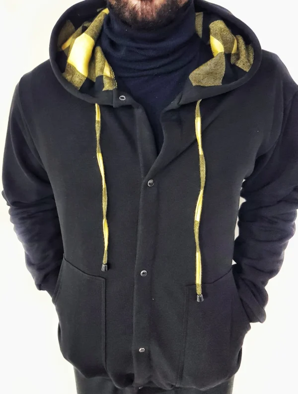 Felpa cardigan nera con Cappuccio check a quadri giallo nero puro cotone made in Italy Fantasia 100% cotone Unisex Sweatshirt blue Hoodie